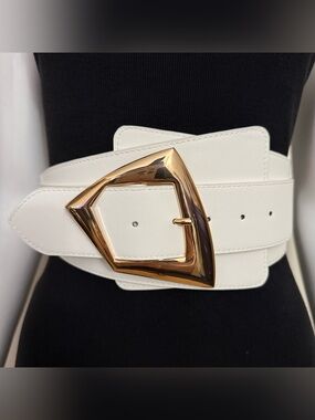 White wide PU leather elastic waistband belt with gold tone buckle